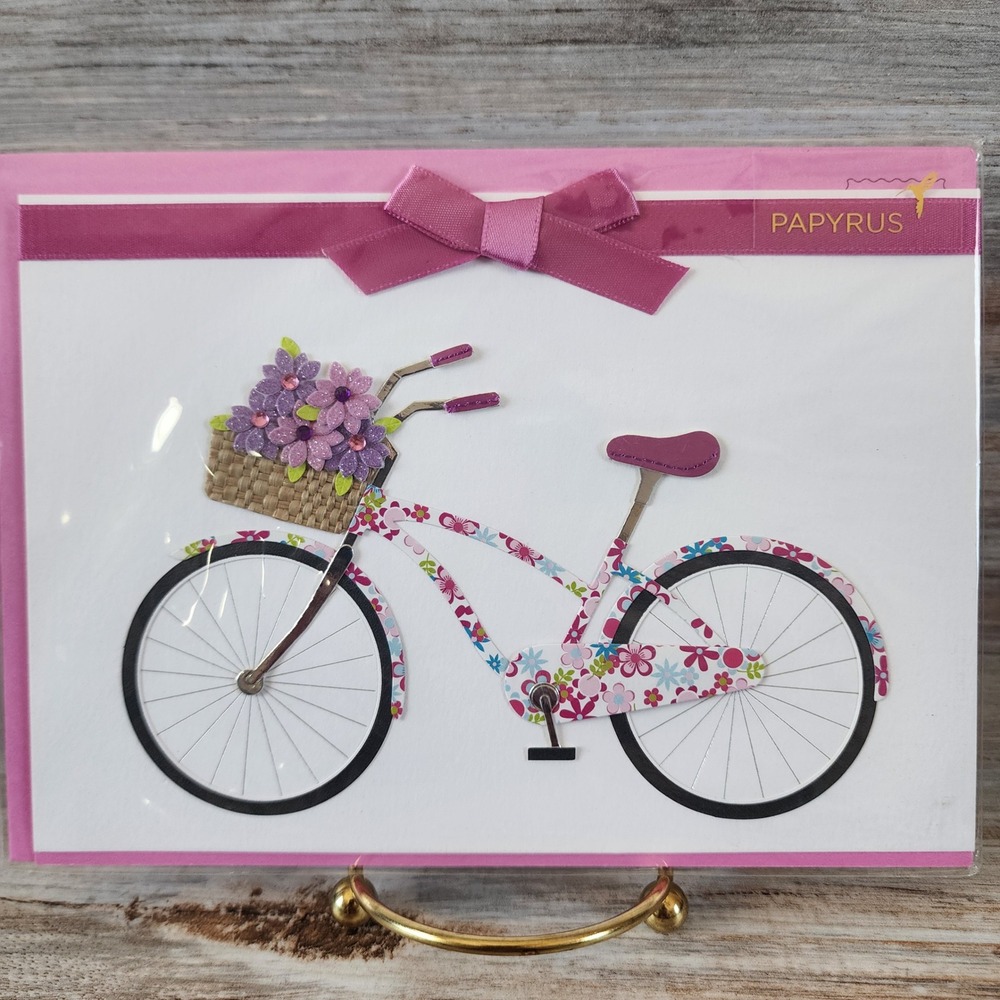 Papyrus Greeting Card Blank Floral Bicycle 3D Embellished Pink Purple 02086612